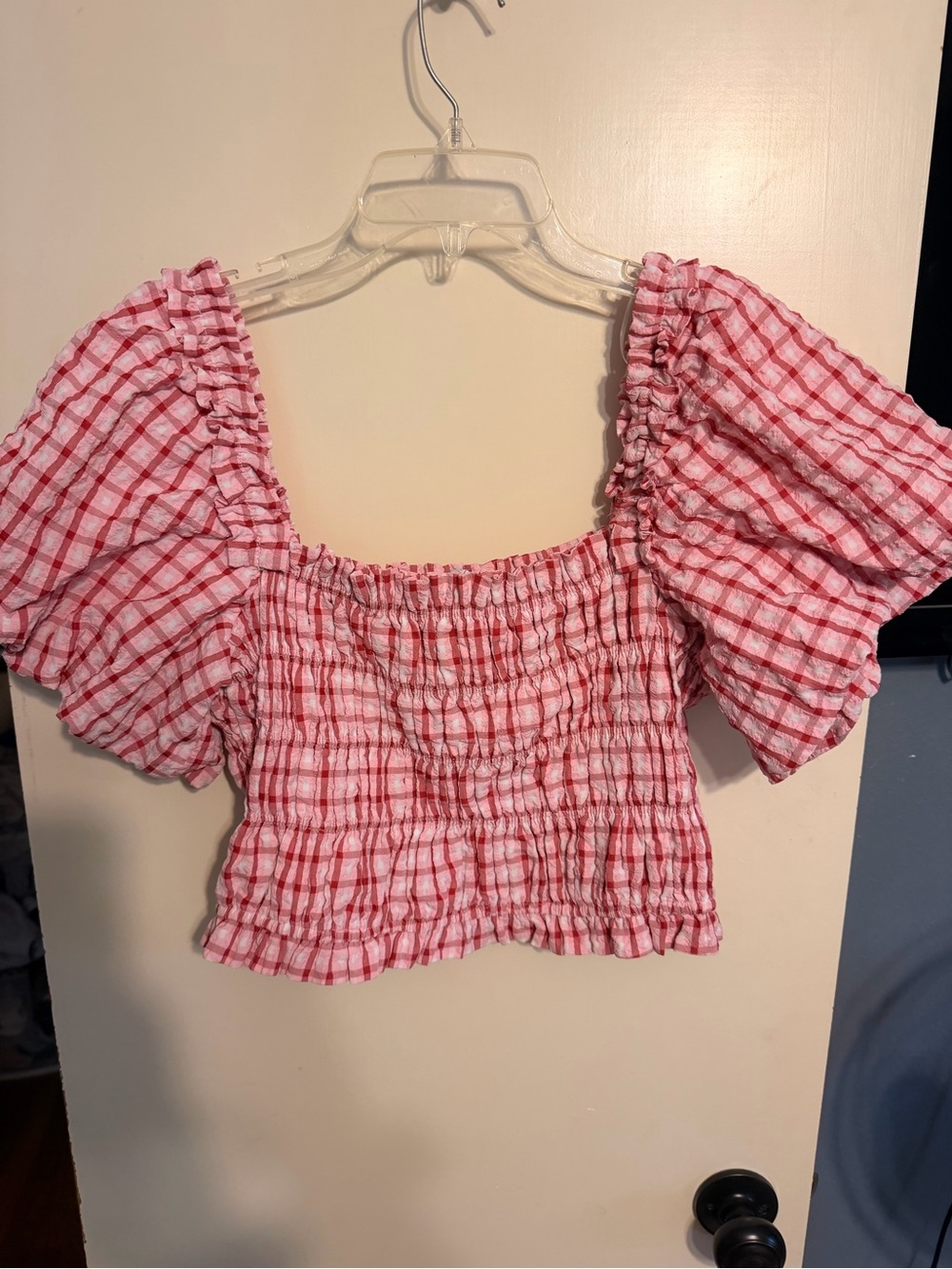 English Factory Puff Sleeve Pink White Red Checkered Crop Smocked Top